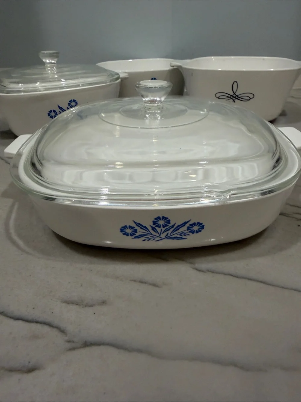 Vintage CorningWare Set Blue Cornflower Pattern and Trifoil  - Set of 4